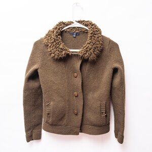 Y2K Gap Wool Cardigan Jacket XS Olive Sweater Coat Curly Collar Pocket Fisherman